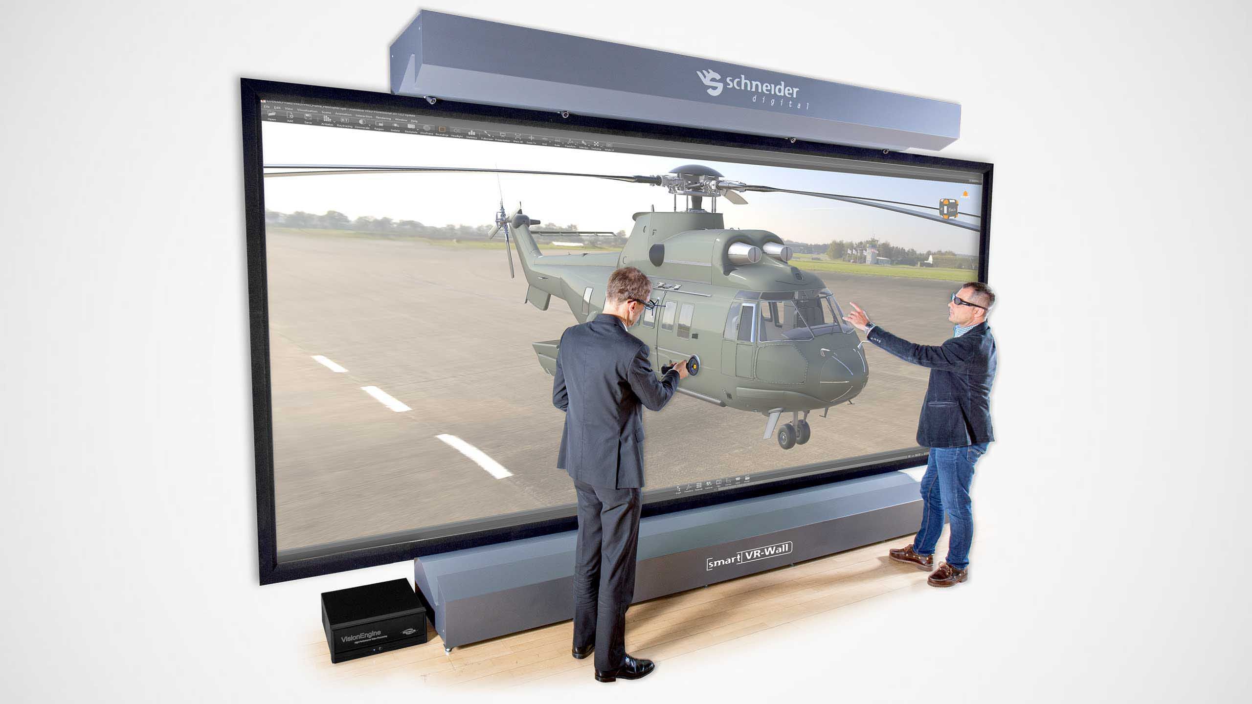 Personen betrachten einen Hubschrauber in High Resolution 3D Stereo auf der LASER smart VR-Wall während einer Besprechung 
